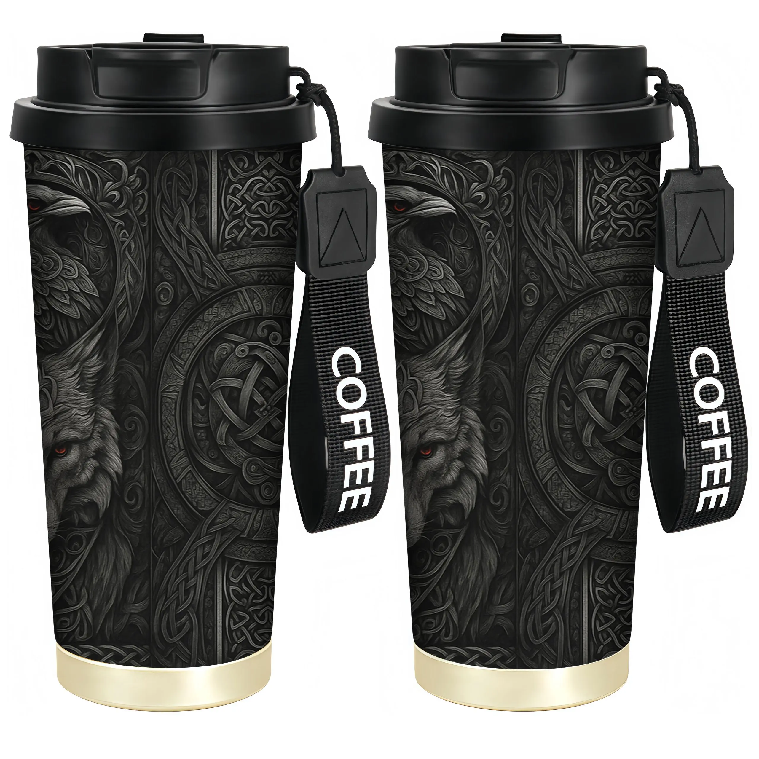 18-ounce stainless steel coffee cup, leak-proof design, creative gift, Viking raven and wolf totem design