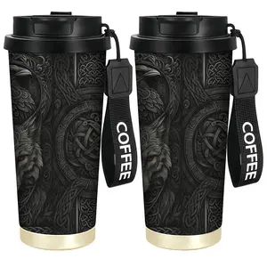 18-ounce stainless steel coffee cup, leak-proof design, creative gift, Viking raven and wolf totem design