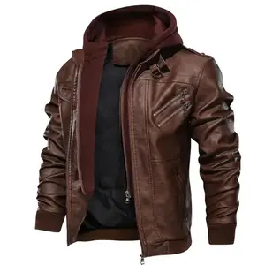 Men Brown Leather Motorcycle Jacket with Removable Hood Coats Casual