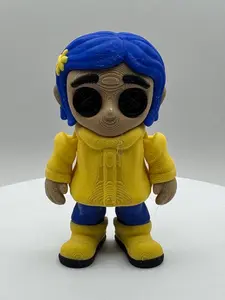 Button eyed Coraline inspired Flexi Figurine 3D printed articulated collectible, spooky whimsical doll fan art, Halloween decor, horror toy