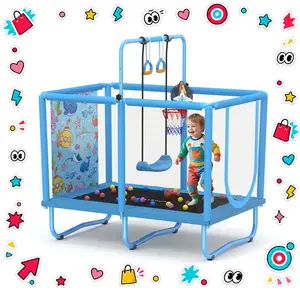 SkyBound 6-in-1 Kids Trampoline 36*55'' 600LBS Load, Indoor Outdoor Toddler Playground with Enclosure Net, Basketball Hoop, Swing & Ocean Balls,two lifting rings, Safe Active Gift for Boys Girls 1+ Years ,No-Tool Assembly #ScreenFreeFunn ,Safety Certified
