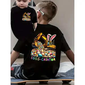 Easter Summer Boys' Fashion Short-Sleeve T-Shirt EGGS-CAVATOR Rabbit Ear Excavator and Easter Egg Cartoon Pattern Double-Sided Print Outdoor Casual Top