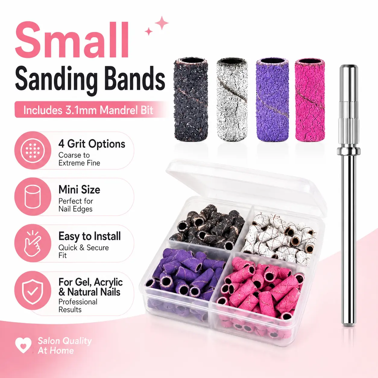 100 PCS Small Sanding Bands with 3.1mm Mandrel Bit, 4 Grit Nail Drill Bits Set for Acrylic Nails, Gel Nail Prep, Cuticle Care, Shaping, Smoothing, Manicure Pedicure Tools with Storage Case