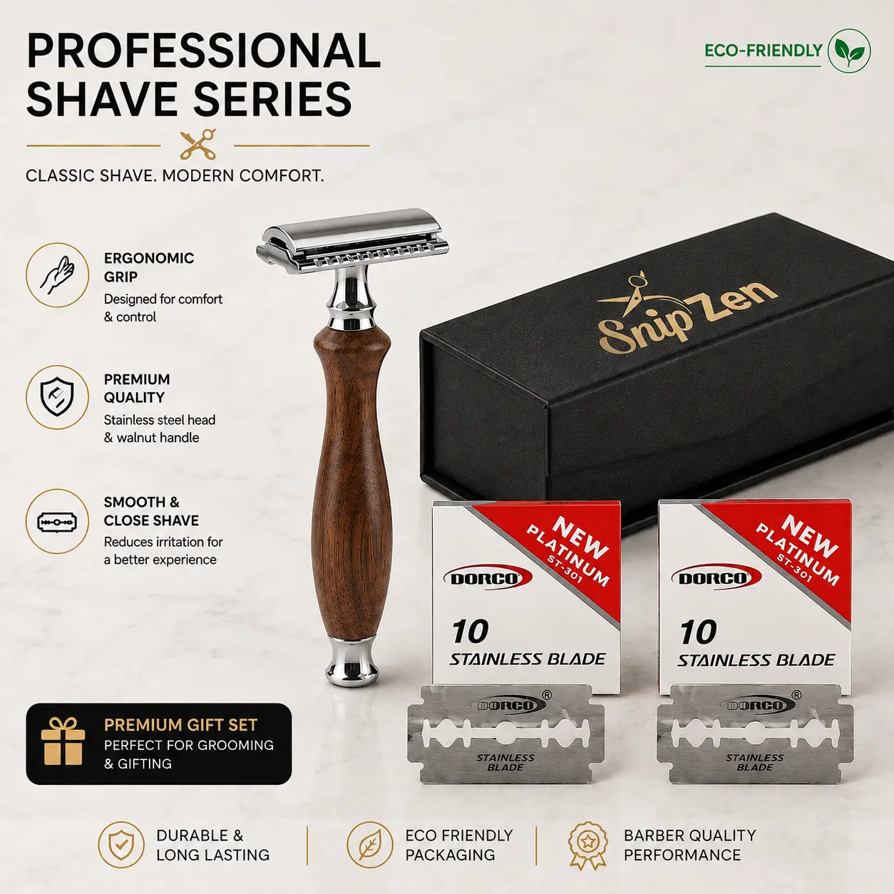 SNIPZEN Double Edge Safety Razor for Men with 20 Blades –Wood Handle, Closed Comb Reusable Wet Shaving Razor, 2 Boxes DE Blades, Grooming Gift Set