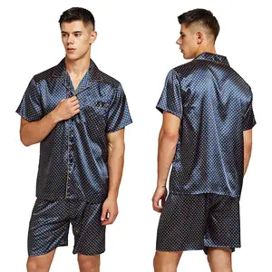 Tony & Candice Men Silk Short Sleeve Pajamas with Shorts, Satin Pajama Sets Summer Sleepwear