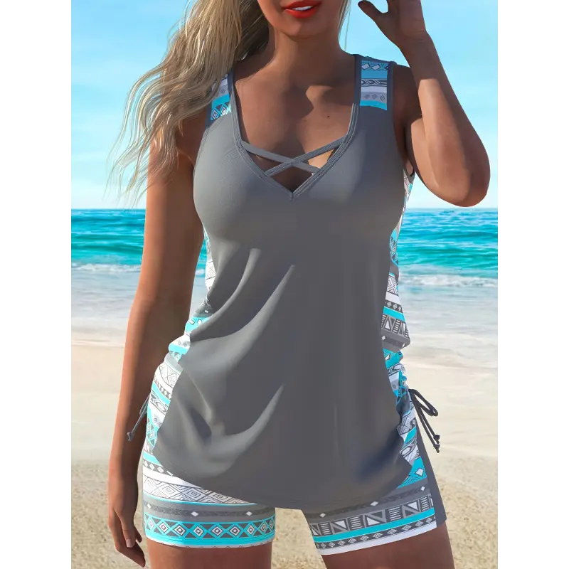 Women'S Ethnic Style Patterned Drawstring Two-Piece Tankini Swimsuit