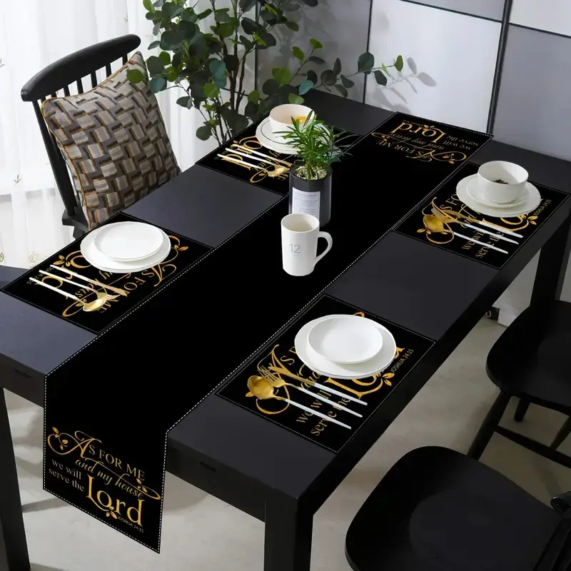1/4/6 piece set, black and gold table flag and placemat set, Kitchen Decorative Placemat, home design with inspirational text and floral patterns, Christian style home and kitchen decoration, Coasters For Drinks