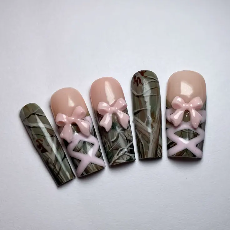Camo Coquette Press On Nails | Handmade Green Camouflage 3D Pink Bow & Lace-Up Gel Nails | Reusable | Free Adhesive Tabs, Nail File & Cuticle Stick