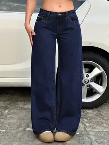 Women's Solid Color High Waist Wide Leg Button Fit Essential Jeans Pocket, Classic Dark Blue Denim Pants Bottom