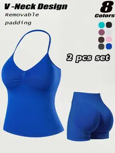 Women's New Seamless Halter Sports Bra + Peach Butt Shorts Set, V Neck Detachable Pads, High Elasticity Workout, Fashionable Slimming Set