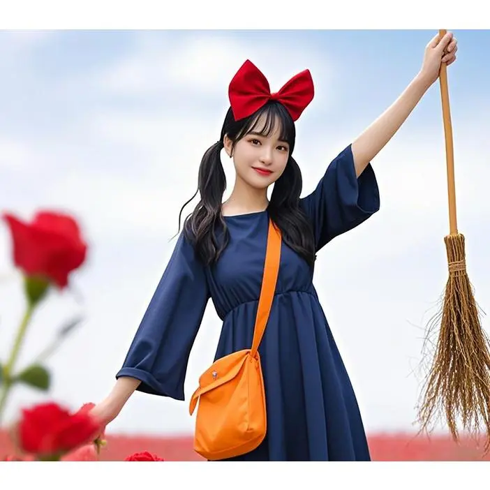 Adult Lady Kiki's Delivery Service Anime Cosplay Full Set - Polyester Fabric Dress with Matching Accessories for Halloween Role Play, Clothes, Style, Women