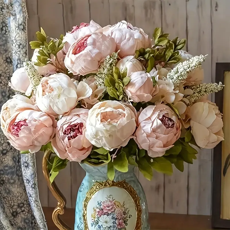 1pc Lifelike 13 Stems Champagne Peony Flower - Artificial Flowers Peonies Bouquets for Wedding Party Table Centerpieces Floral Arrangement Decor Home Office Kitchen Decorations