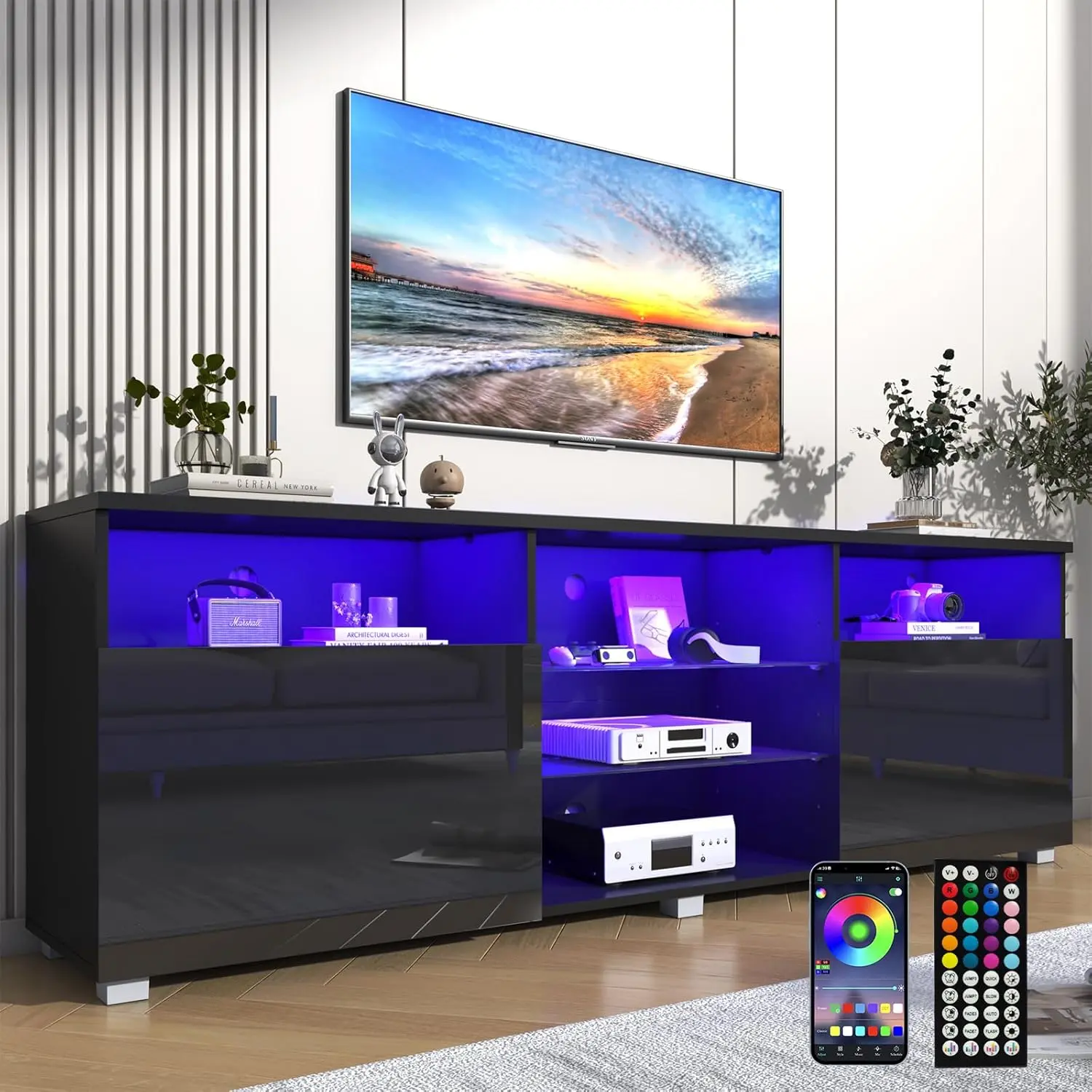 High Glossy LED Black TV Stand for 60/65/70/75/80/85/90/95 inch TV,Modern LED Entertainment Center with Adjustable Storage Shelves,Game Console Entertainment Center,TV Table Media Furniture (Black)