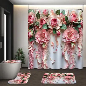 Floral Print Bathroom Décor Set, 1 Count Shower Curtain Only or 4-Count Set Including Shower Curtain, Toilet Mat, Bath Mat & Toilet Lid Cover, Home Goods, Bathroom Shower Accessories