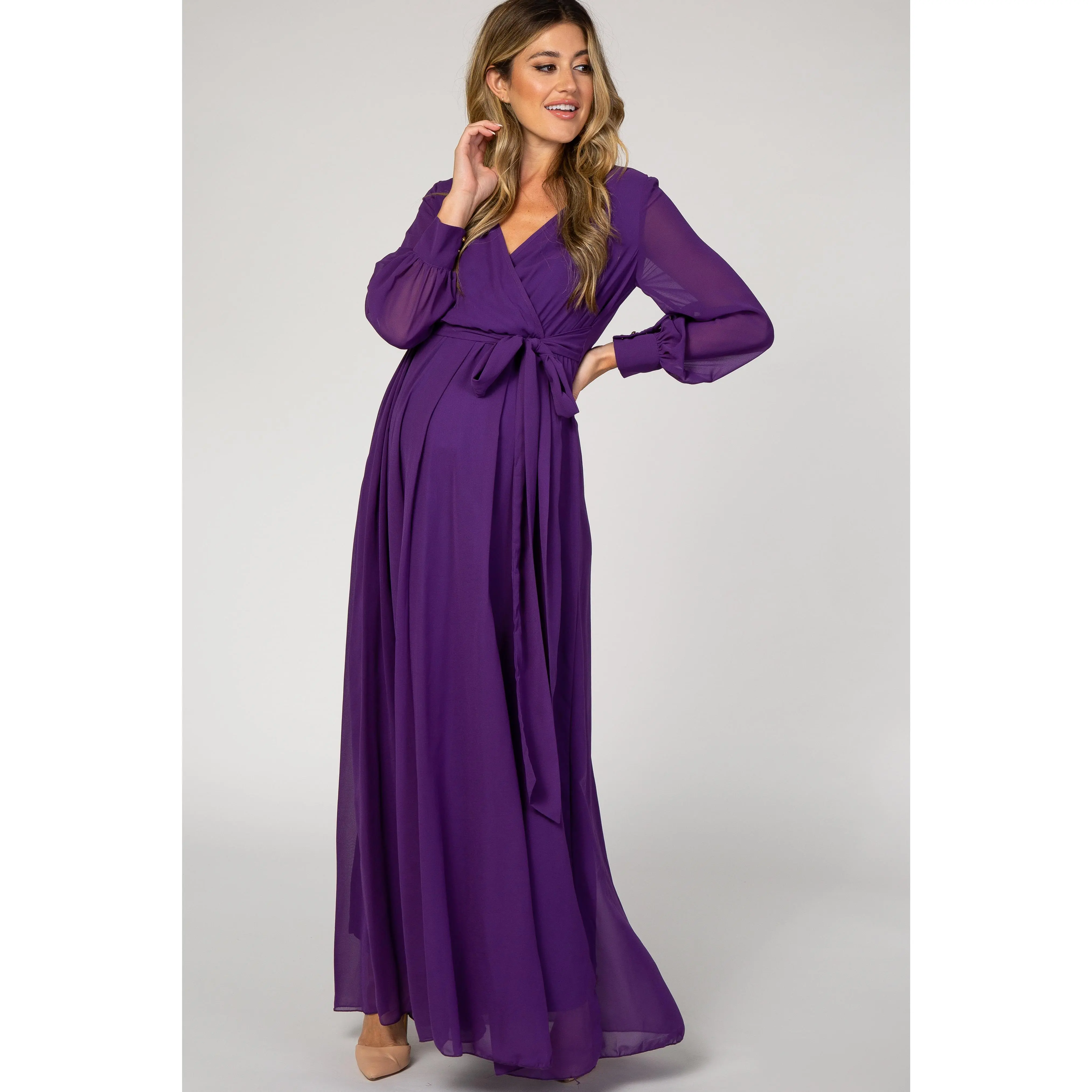 Purple Chiffon Long Sleeve Pleated Maternity Maxi Dress, Maternity Wear, Baby Bump, Bump Style