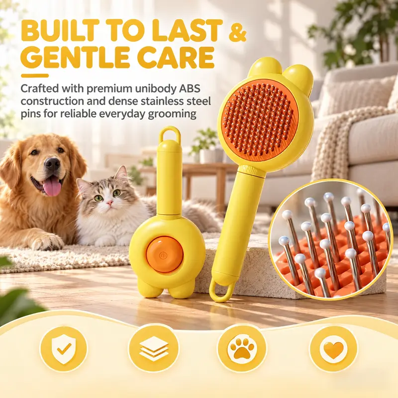 One Button Self Cleaning Pet Grooming Slicker Brush, Gentle Pin Brush Removes Loose Fur, Suitable for Dogs and Cats, Long & Short Hair,Self Cleaning Pet Grooming Brush, One Button Slicker Brush for Dogs & Cats