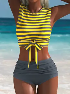 Colorblock Striped Two-Piece Swimsuit, Tie-Back Slimming Push-Up Women's Swimwear, Elegant Beach Resort Swimming Costume, Summer Tankinis Set