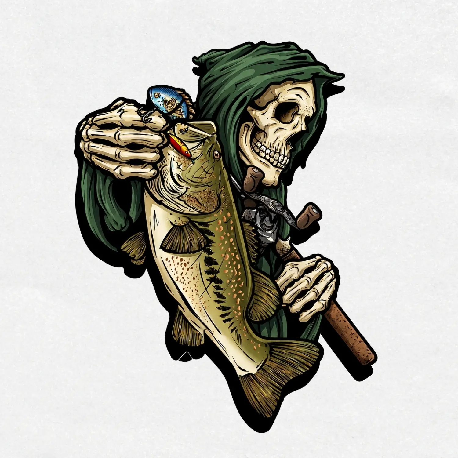 Grim Reaper Bass Fishing Vinyl Sticker, Skeleton Angler Decal, Largemouth Bass Fishing Sticker, Funny Fisherman Waterproof Die-Cut Gift