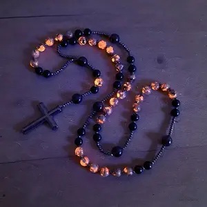 September Laurel Easter Natural Obsidian Yooperlite Rosary Necklace UV Reactive Protection Necklace Hematite Stone Cross Pendant Necklace Gift for her, gift for him