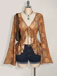 SlaySleep x   Plus Size Y2K Retro Floral Print Front Tie Knit Top, Sunray Paisley Print, Boho, Flare Sleeve Sheer Print Blouse, Music Festival, Summer Vacation,Vintage