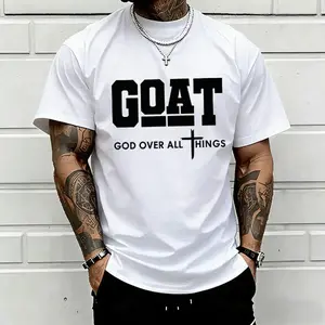 Faith Based Christian Men Urban Streetwear Tee, 100% Pure Cotton God Over All Graphic Crew Neck, Breathable Loose Relax Fit, Daily Walking Outdoor Church Gathering Spring Casual Short Sleeve Top