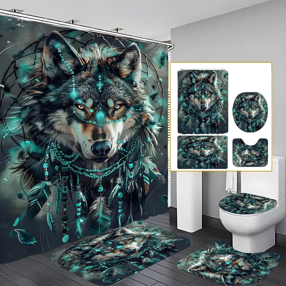 4 Pcs Dreamcatcher Wolf Bathroom Curtain Sets with 12 Hooks,Native American Wolf Large Waterproof Mildew Proof Bathroom Partition Curtain,Bathroom Shower Curtain,Non-Slip Bathroom Rugs,Modern Decor, Shower Curtain Set For Bathroom