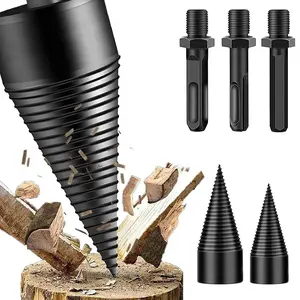 Firewood Splitting Drill Bit Kit - Heavy-Duty Carbon Steel Splitting Chisel, 3-Lever - Round/Hex/Square Handle, 32mm+38mm Drill Bits, Safe, Efficient, Easy to Use, Ideal for Fireplaces, Camping, Home Heating, and Outdoor Wood Cutting