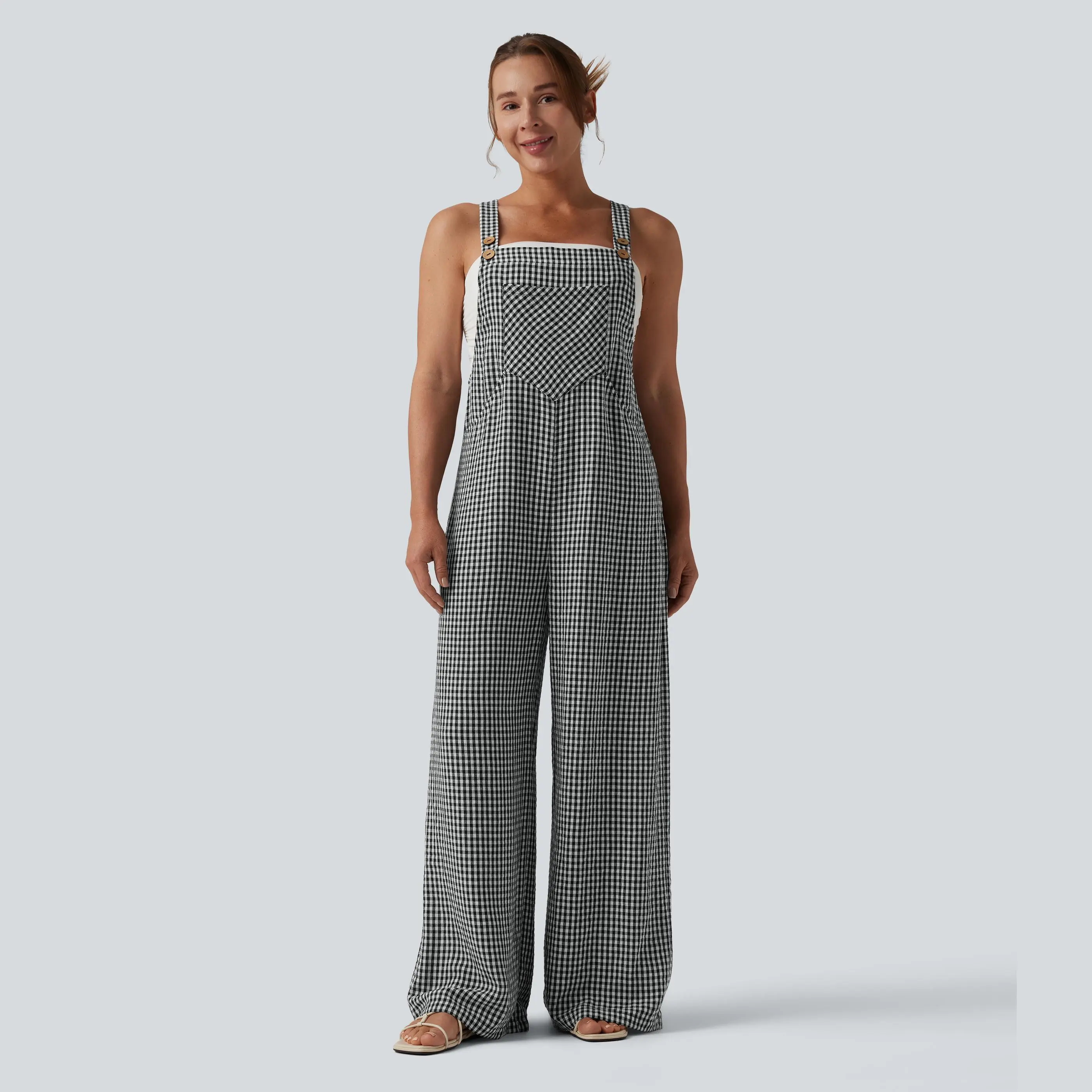 Halara Plaid Casual Linen-Feel Overalls with Pockets