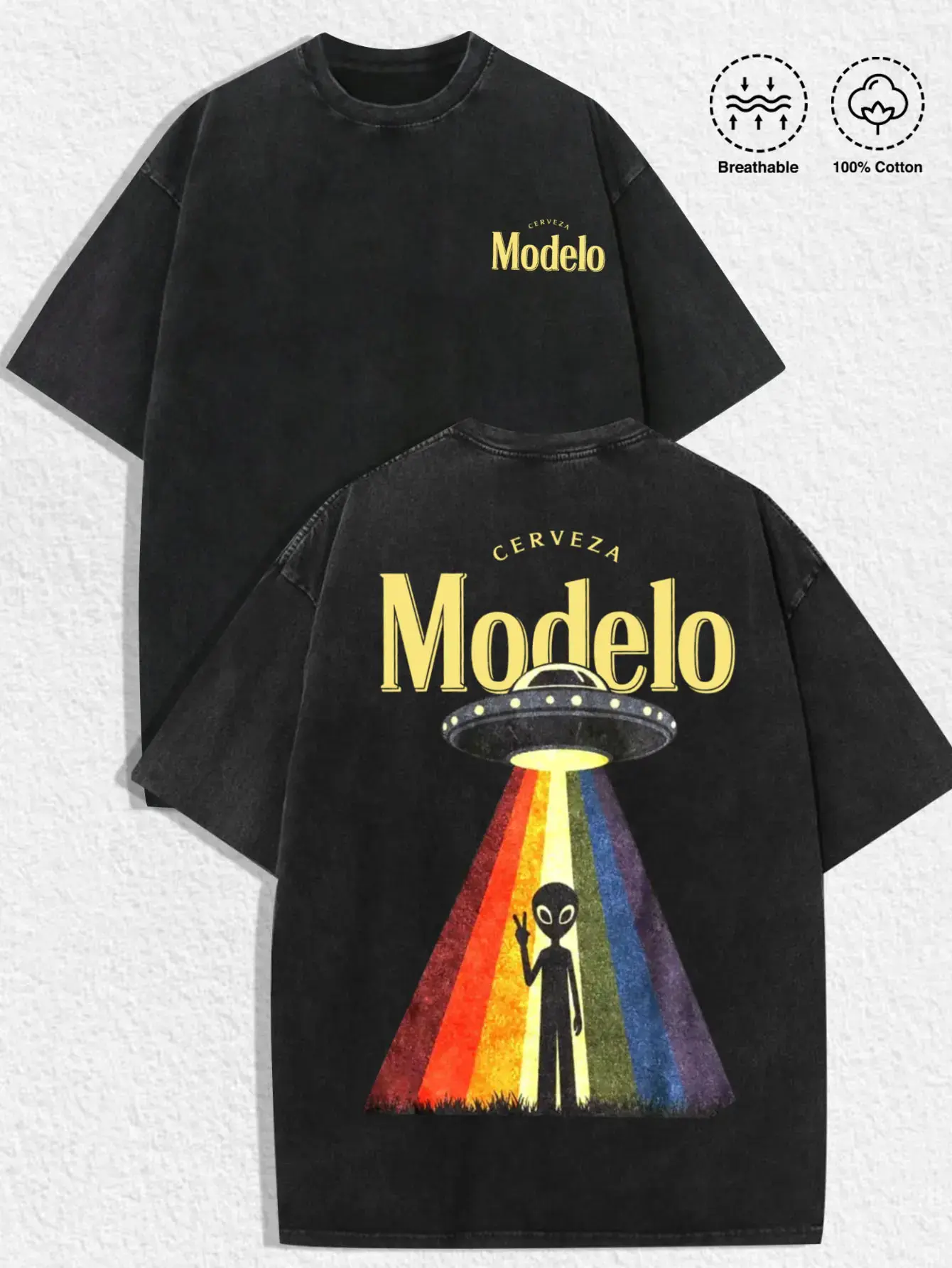 1 PCS Retro Washed Black Short Sleeve T-Shirt, Front Mini Print + Back Rainbow UFO Alien Graphic, Sci-Fi Streetwear Style, 100% Cotton Unisex Oversized Tee, Casual Hangouts, Great Gift for Sci-Fi & Beer Fans