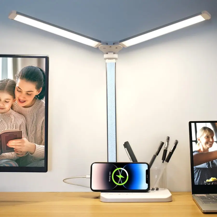 5W Silver White LED Desk Lamp with Pen Holder, Dual Head Modern Design Multifunctional Lamp, Touch Control, 3 Color Modes, Adjustable Lighting, USB Charging Port, Dual Swing Arm, Foldable Reading Light, Auto Timer for Home Office, Memory Function