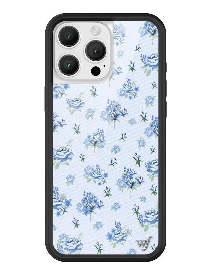 Forget Me Not Floral | Limited Edition Trendy Collab iPhone Case | Raised Protective Black Bumper | Women Owned Small Business | Baby Blue Background Navy Blue Bouquets | Safety Casing Protective | Gift for Her