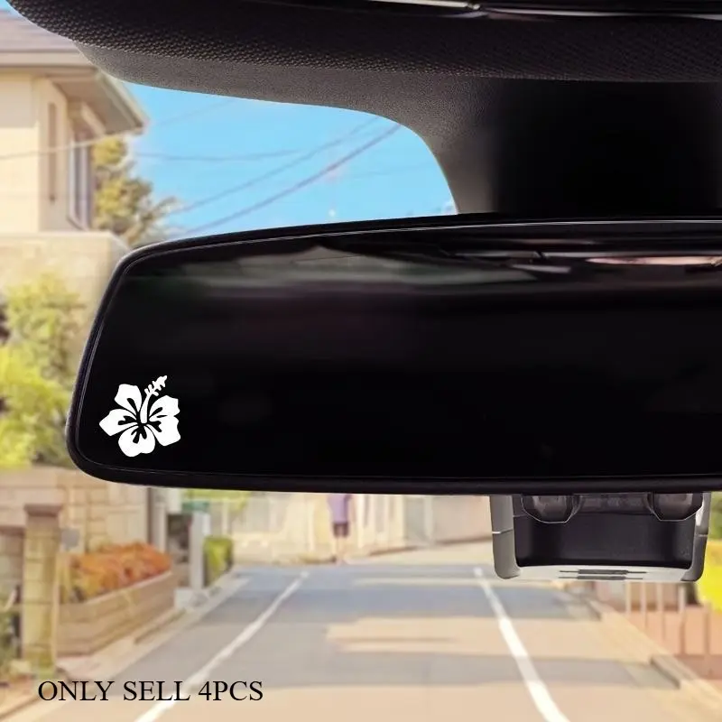 4PCS/SET Hibiscus Themed Car Sticker for Car Rearview Mirror Decoration, Car Interior Decorative, Car Interior Decal, Create Tropical Vacation Styled Interior Space, A Must for Coastal Enthusiasts, Show Unique Tropical Taste