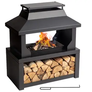32" Fire Pits with Wood Storage for Outside, Large Wood Burning Outdoor Fireplace with Chimney & Fire Poker, for Backyard Patio Party Camping Picnic, Black