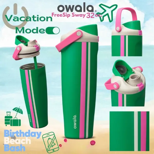 NEW Owala "Vacation Mode" 32oz Sway Birthday Bash 2026 Green Pink Water Bottle
