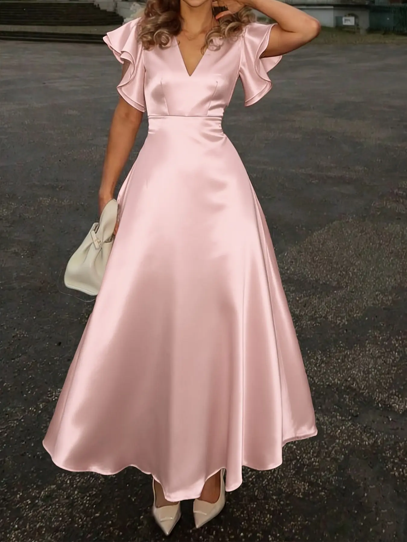 Women's Summer Solid V-Neck Butterfly Sleeve Long Dress, Elegant Chic Party Gown, Formal Wear, Perfect for Weddings, Birthdays, Holidays, Formal Events, Womenswear
