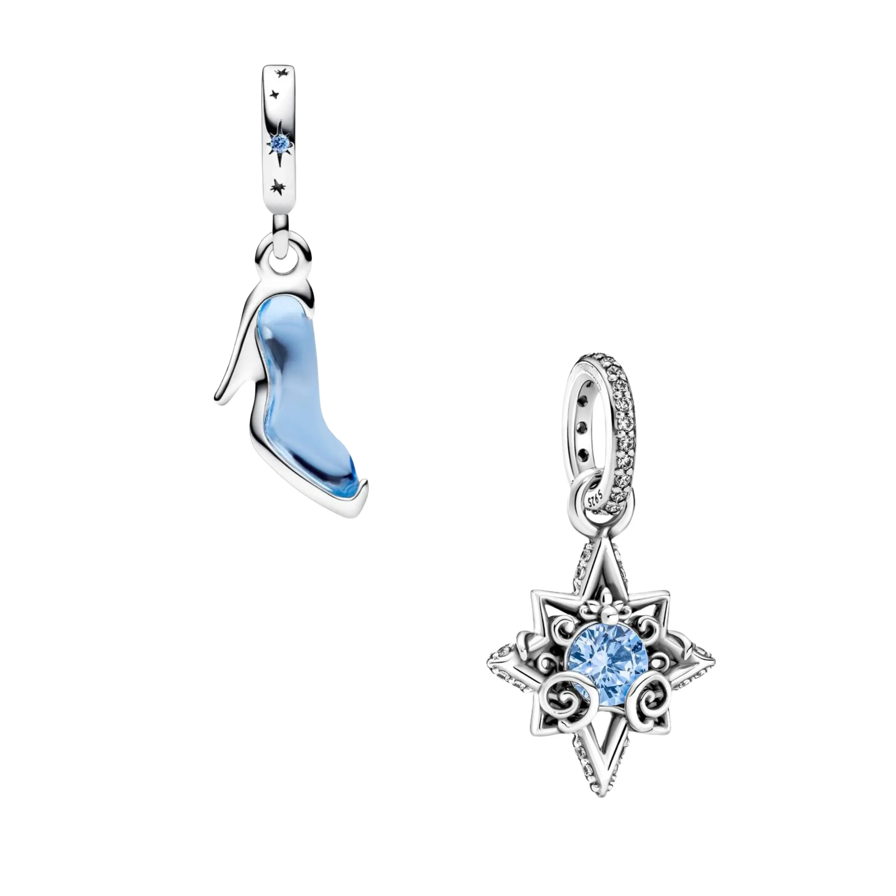 Charms 925 Sterling Silver Princess Charm Set – Glass Slipper & Sparkling Star Dangle Charms