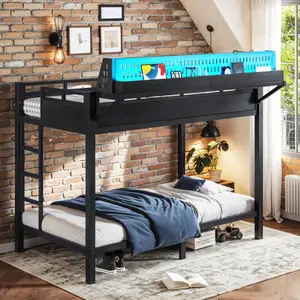 [Bellemave] Twin XL Over Twin XL Metal Bunk Bed with Storage Shelves, Pegboard, USB Ports, LED Lights and High Guardrails, Space-Saving Design for Dorm and Small Room