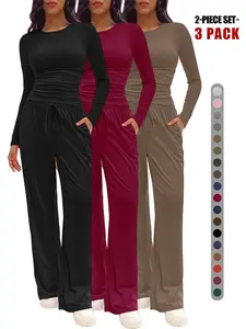 Women's Solid Ruched Drawstring Lightweight Loungewear Set, Casual Fit Long Sleeve Round Neck Top & Pocket Wide Leg Trousers, Ladies Sleepwear for All Seasons