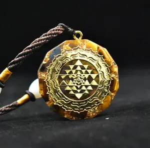 Orgonite Natural Tiger Eye Crystal Pendant Necklace Sri Yantra Sacred Geometry Orgone necklace