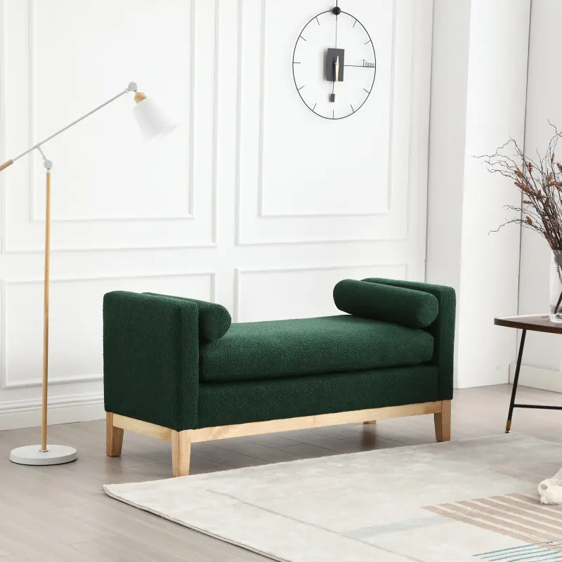 53.5"W Elegant Upholstered Bench Ottoman with Wood Legs and Bolster Pillows for End of Bed Bedroom Living Room Entryway Green