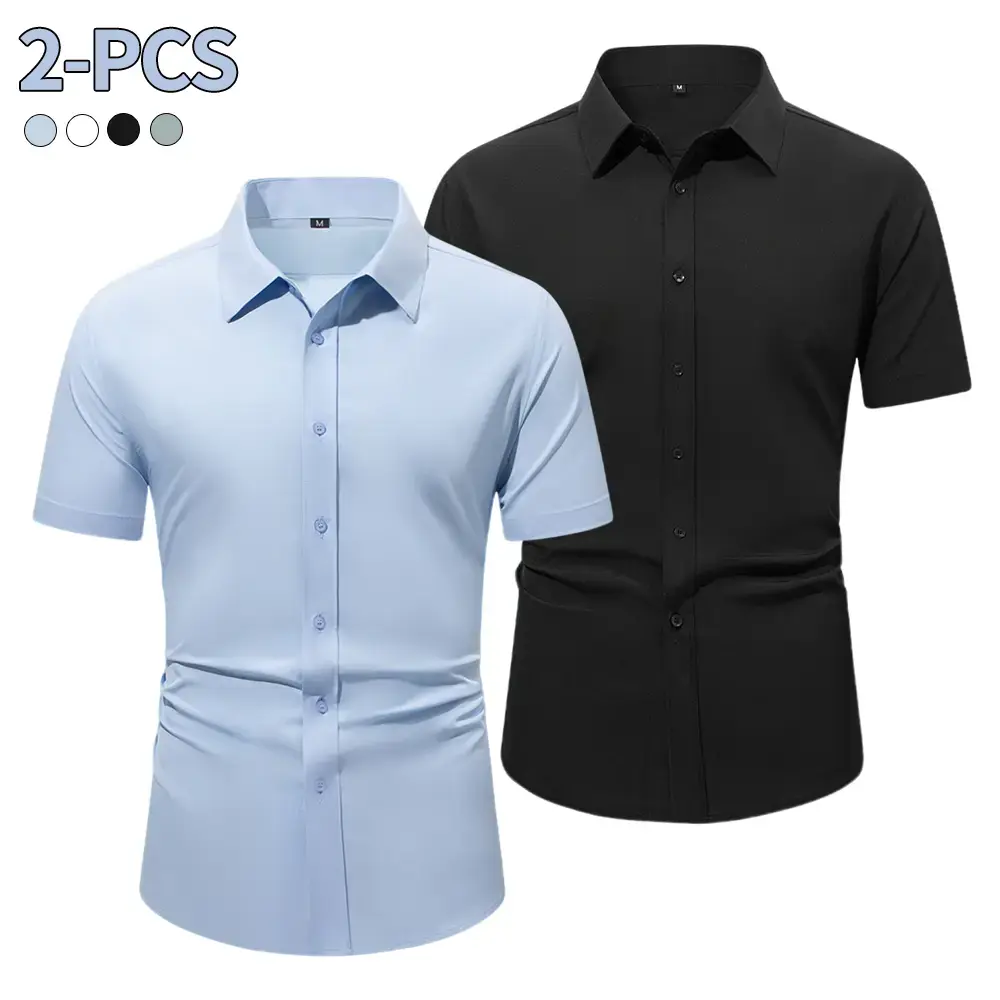 2-Pack Men’s Ice Silk Short Sleeve Shirts, Seamless, Wrinkle-Resistant, Stretchable Slim Fit — Versatile for Business, Commuting, and Casual Wear