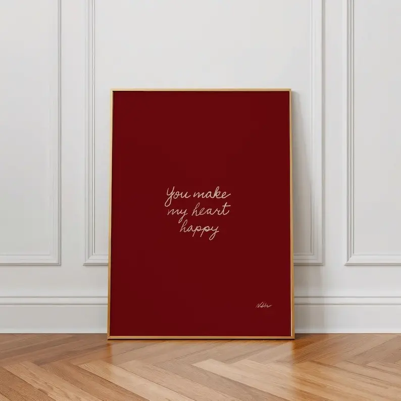 You Make My Heart Happy Valentine's Day Wall Art, Hand Drawn Love Poster, Trendy Red Print, Retro Burgundy Poster