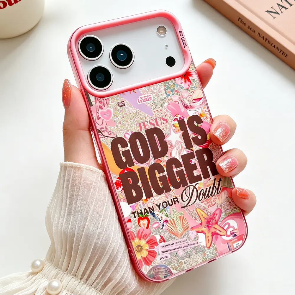 Rustic Iridescent Blush Pink Religious "God Is Bigger" Christian Faith Collage Silicone iPhone Case, Protective Shockproof Abrasive-Resistant Casing with Anti-Skid Grip Buttons, Christian Gift for iPhone 11-17 Pro Max Phone Accessories CYXL260518002, Prot