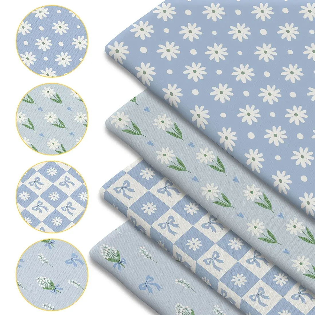 4pcs Set Daisy Print Fabric, Daisy printed fabric - 18x22 Inches (55x45cm) Pre-cut Polyester Fabric with Chamomile Blossoms, Leaf Details, Polka Dot Patterns - Suitable for DIY Sewing, Scrapbooking