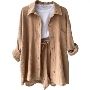 Women’s two-piece set featuring a turn-down collar long-sleeve shirt and high-waisted drawstring shorts; a fashionable casual outfit for home wear (Sports & Outdoor).