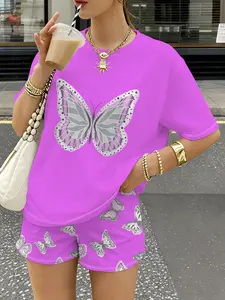 Summer New Women's Round Neck Simple Butterfly Print Short Sleeve Top + Plaid Colorblock Striped Shorts Set, Casual 2-Piece