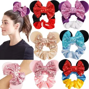 P-HDW032   6 Pack Mouse Ears Scrunchies Velvet Sparkle Sequin Mouse Bows Hair Scrunchies Hair Ties Elastic Rubber Bands Ponytail Holders for Kids Women Girls Christmas Party Decoration