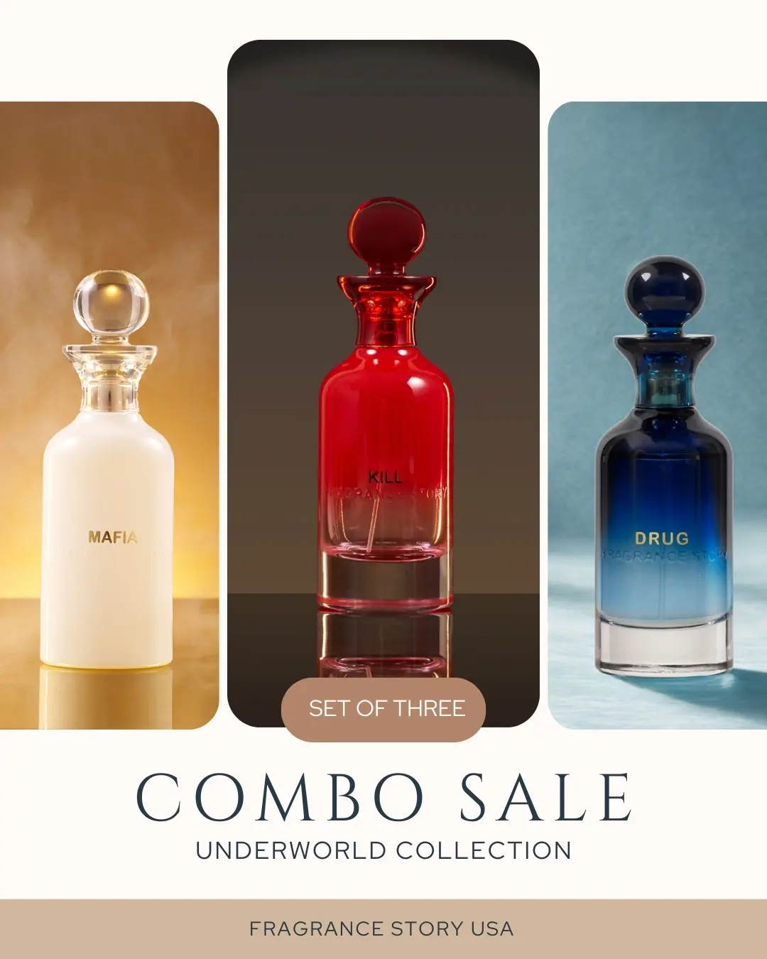 Fragrance Story Kill, Drug & Mafia 3-piece combo 3.4 FL Oz Oriental Toilette Long-Lasting Woody Eau De