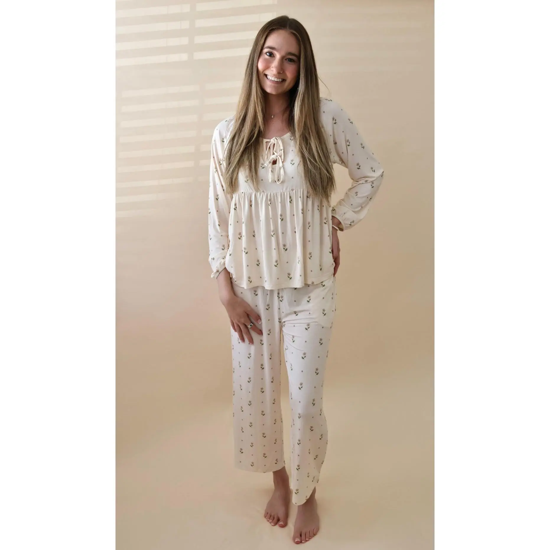 Buttery Soft Bamboo PJ Lounge Set Blush Meadows Relaxed Peplum Top & Wide Leg Pants for Cozy Loungewear - Fit
