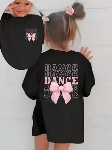 Kids "DANCE" Double-Sided Bow T-Shirt 100% Cotton Cute Dance Graphic Tee for Girls Casual Short Sleeve Top with Charming Bow Design